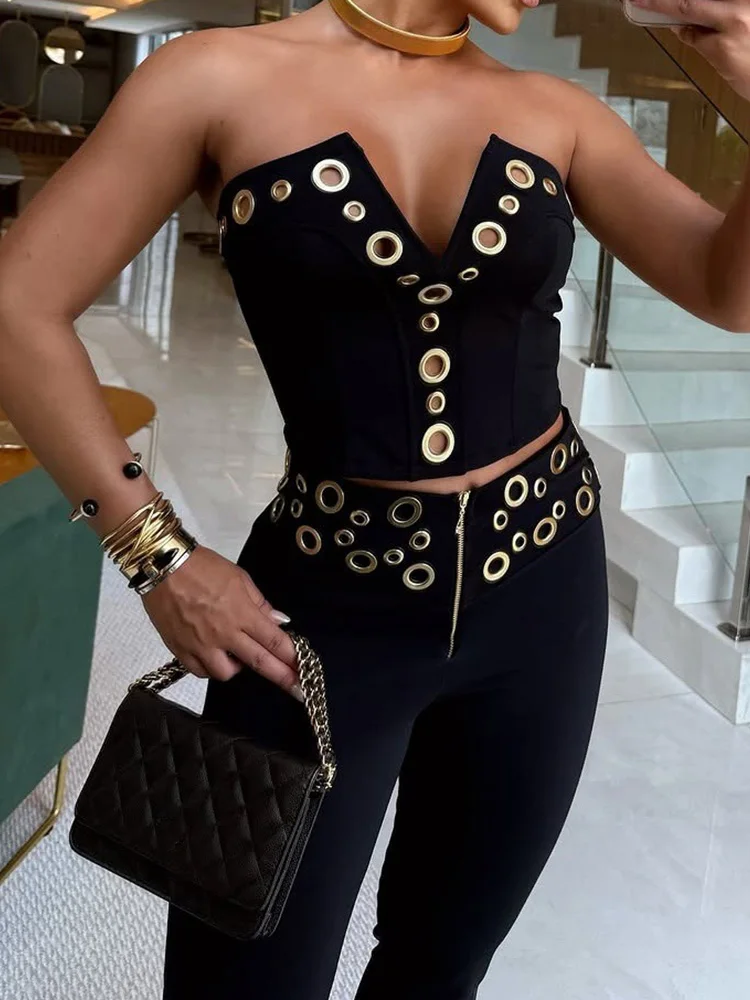 

Women Zipper Patchwork Solid Outfit, Summer Holiday Hollow Out Sleeveless Top Matching Set, Flare Pants Simple Chic Ladies Suits