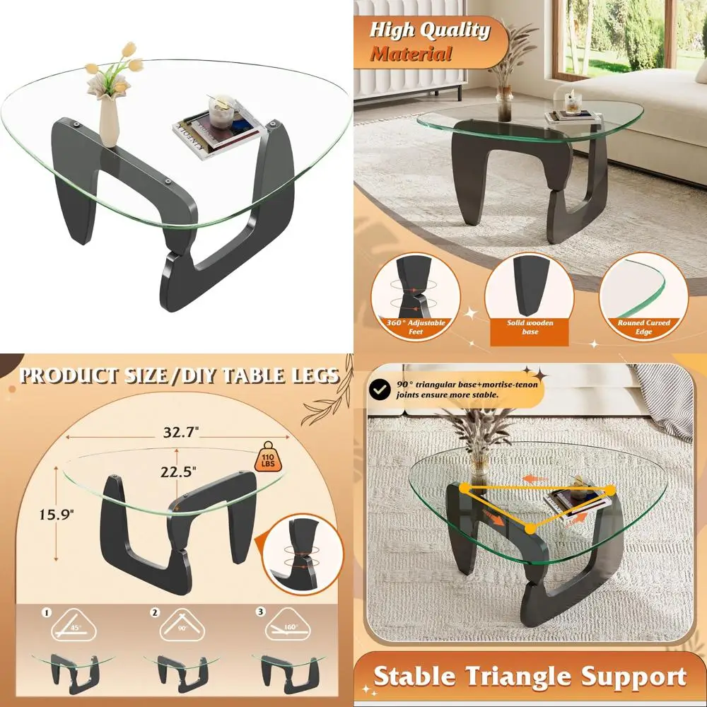 

Modern Triangle Glass Coffee Table with Solid Wood Legs, Small Living Room Center Table, Mid Century Style, 32.7-inch Contempora