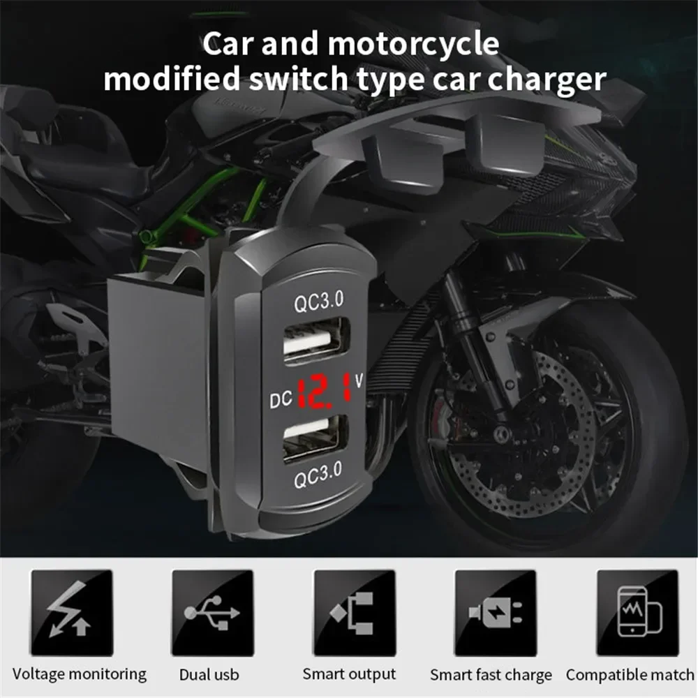Dual QC3.0 Car Charger Socket USB C Phone Charge Power Adapter LED Digital Voltmeter 12/24V For Rocker Marine Switch Panel