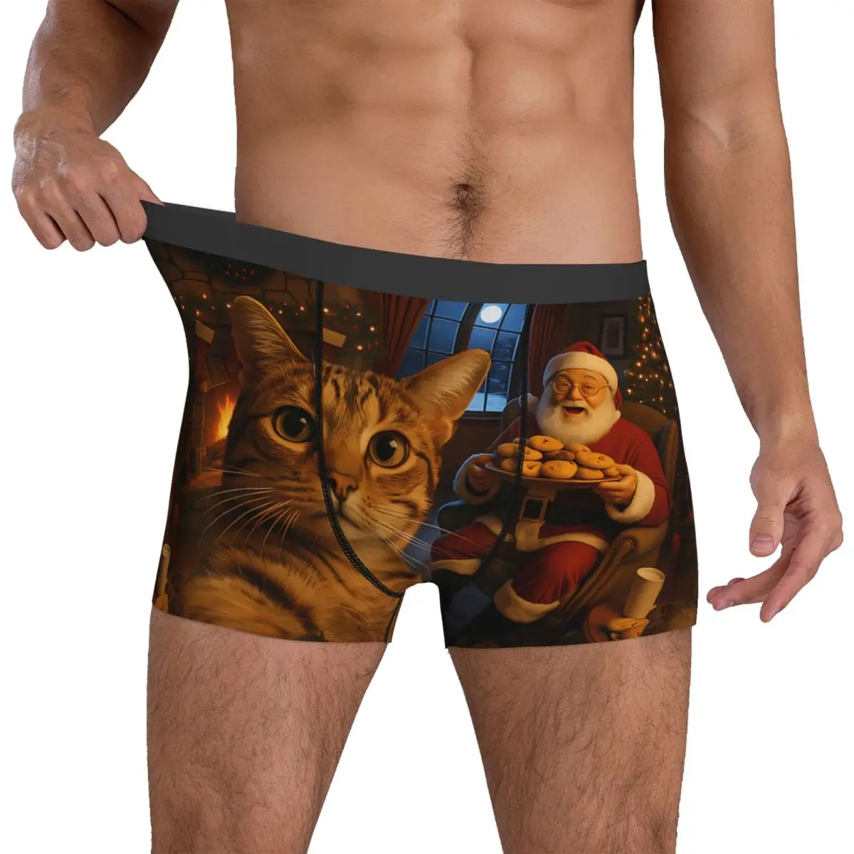 

Funny Cat Selfie With Santa Claus Christmas Meme Underwear Printed Boxershorts Trenky Males Panties Sexy Soft Shorts Briefs Gift