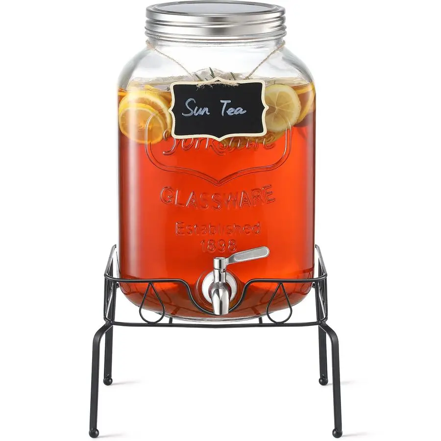 

Стеклянный диспенсер для напитков на 1 галлон с подставкой и крышкой, стеклянные диспенсеры для напитков с краном из нержавеющей стали 18/8 для вечеринок, диспенсеры для напитков в стиле Мейсон-банка