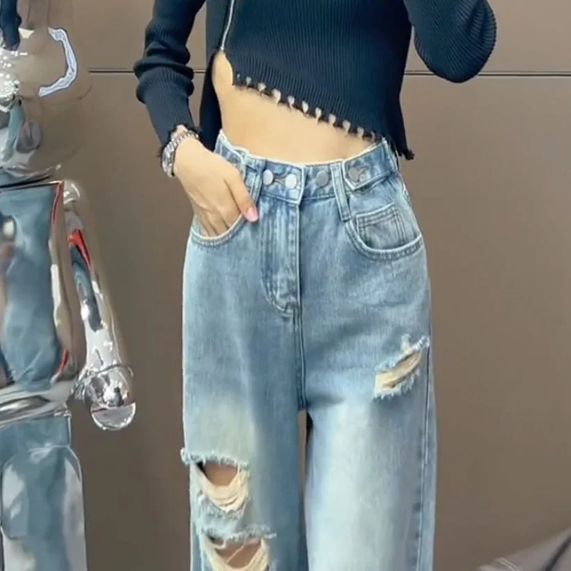 2023 Spring/Summer New Adjustable Waist Split Straight Leg Jeans Women's New Slim Loose High Waist Wide Leg Pants