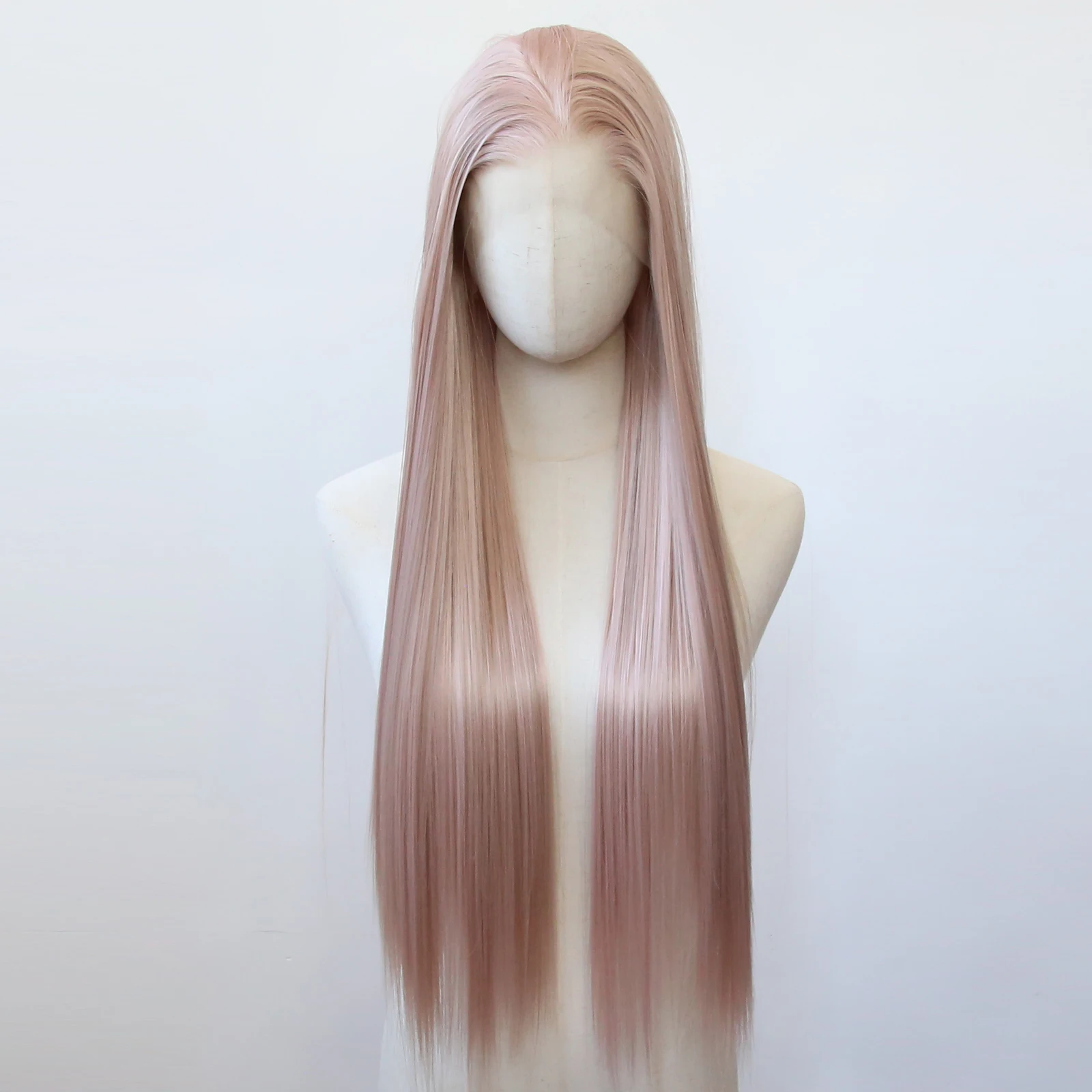 Perruque Lace Front Wig Synthétique Longue et Lisse, Couleur Rose, Blonde, Marron, Pre-Plucked, Naissance des Cheveux Naturelle