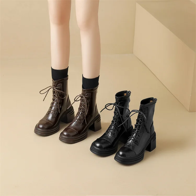 

Retro Chunky Heel Lace-Up Ankle Boots Women Rear Zip Design Riding Boots Stretch Non-slip Waterproof Western Boots for Women