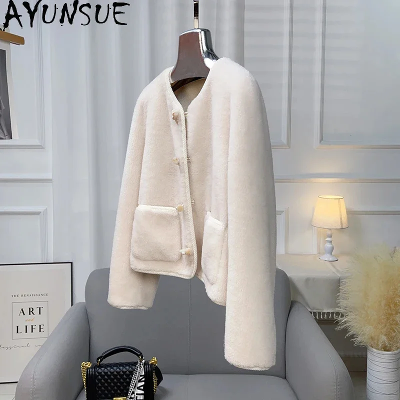 100% AYUNSUE Pure Wool Jackets for Women 2024 Fall Winter Short Sheep Shearing Coat Round Neck Fur Coats Horn Button Casacos