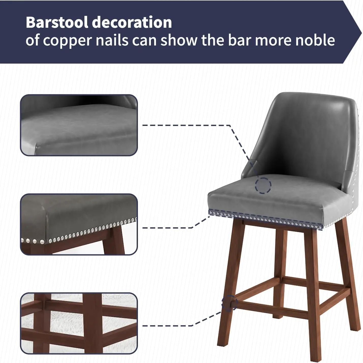 Counter Height Bar Stools Set Of 3, 26"" H Swivel Barstools With Back, Synthetic Leather Counter Stool, Solid Wood Legs,