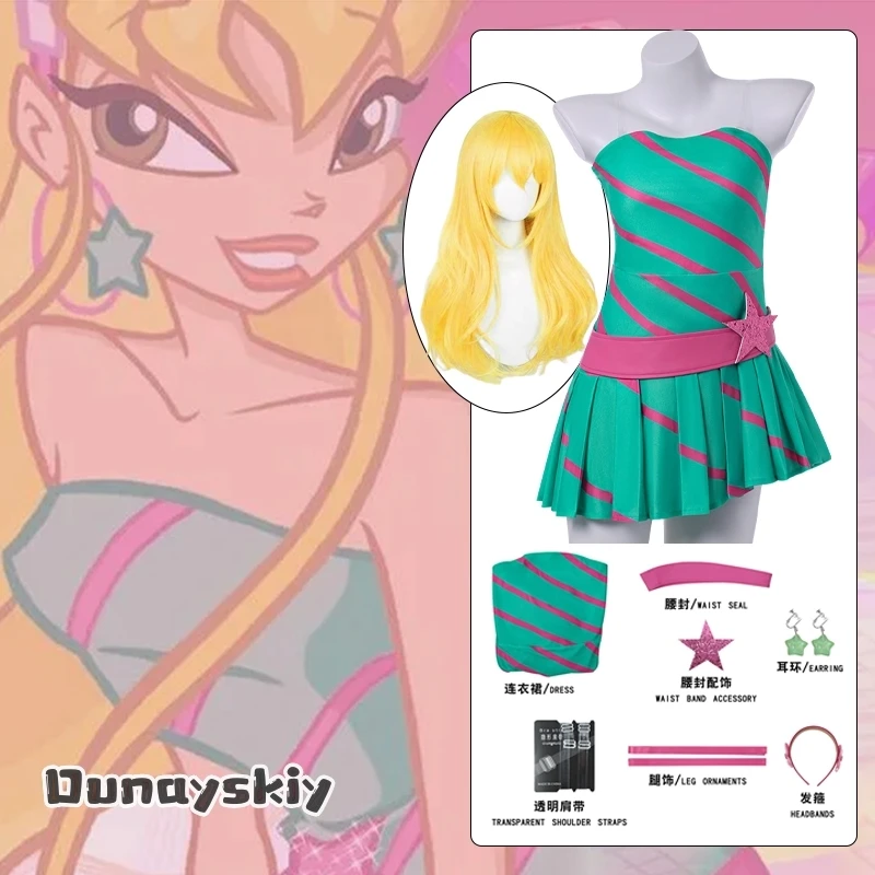 

Anime Stella Cosplay Costume Fairy Party Green Bandeau Dress Women's Dresses Halloween Roleplay Wig Shoe Outfit Disguise Suits