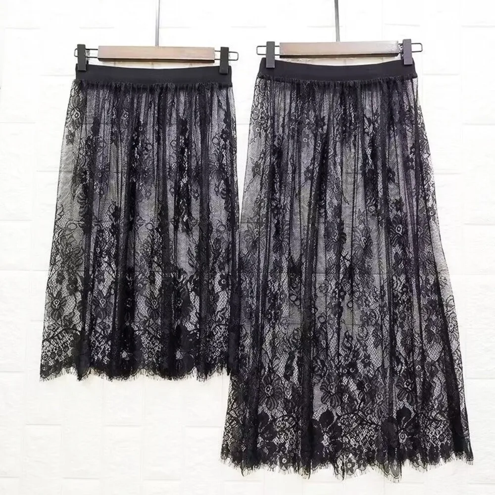 Fashion Transparent Sexy Lace Mesh Skirt Elegant Lace Long Tulle Skirt 2 Length Elastic High Waist Womens Skirt Ladies