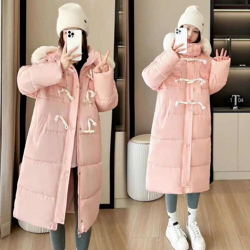 Chinese Horn Buckle Down Cotton-padded Jacket Women's Autumn Winter 2024 Long Over Knee New Fashion Loose Padded Fur Collar Coat