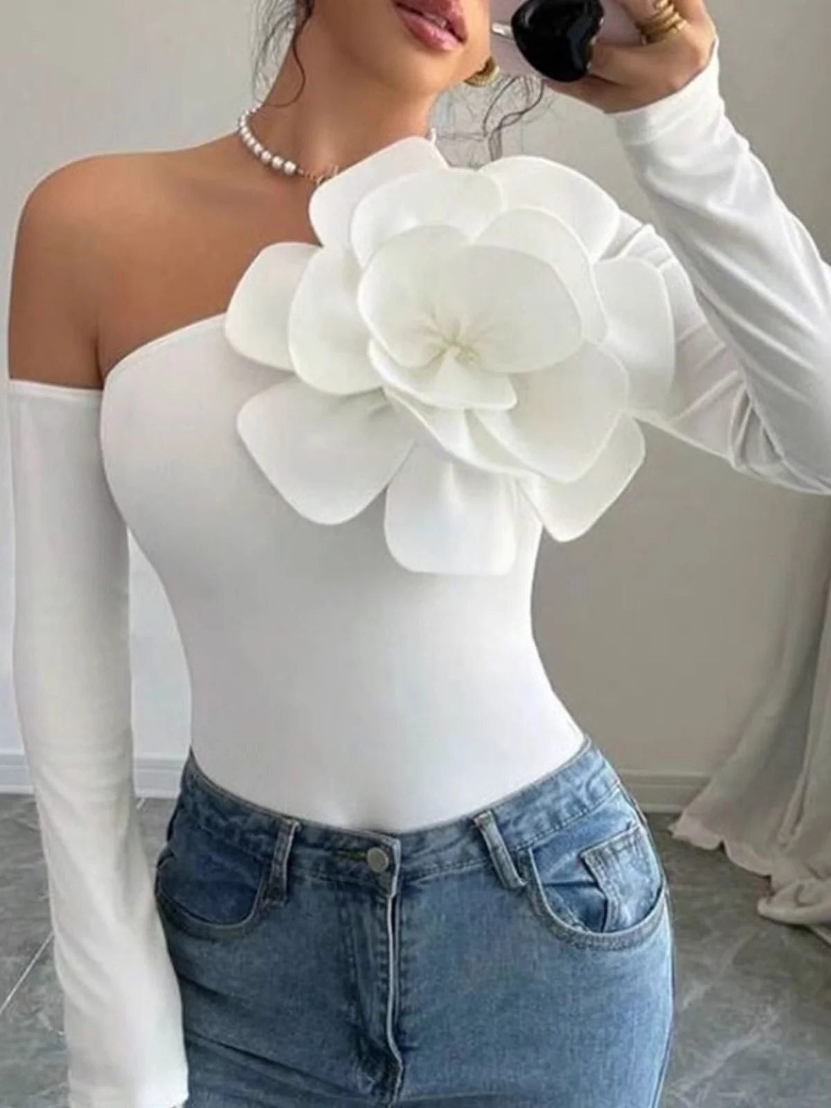 

Slim Fit Long Sve off oulder Top with 3D Flower Design Commute Sle Knitted Creative Pattern Moisture ng Spring Wear