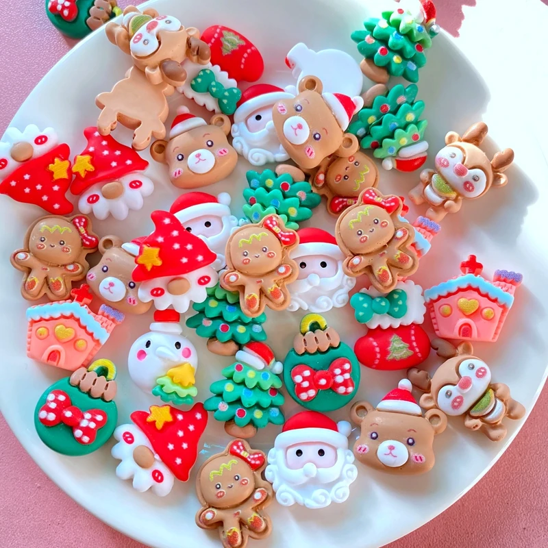 Resin Kawaii Colorful Santa Trees Elk Snowman Bells Flatback Stone Cartoon Christmas Figurine 20PCS Scrapbook DIY Decor Crafts