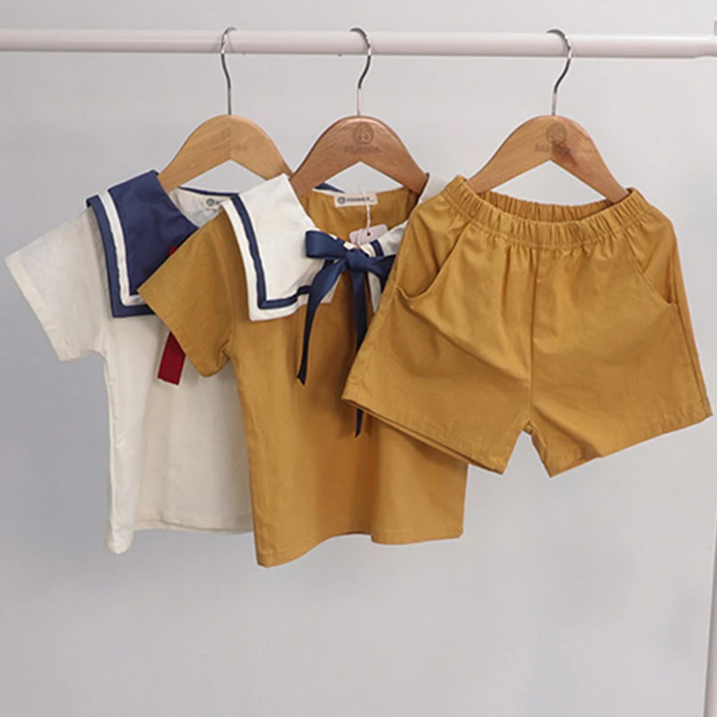 Summer Korean Style Baby Boys Girls Sailor Collar Cotton Linen Clothes Sets T-shirt+Shorts Baby Boys Girls Clothing Suit