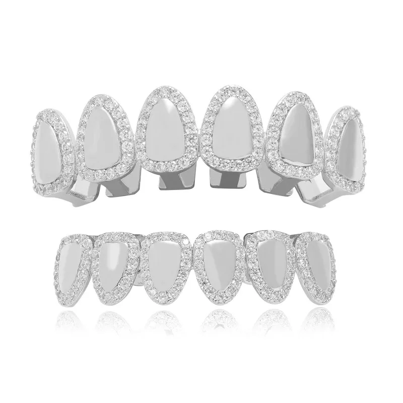 Hip Hop Iced Out Cubic Zirconia Mirror Face Tooth Grillz for Women Men Body Jewelry Gold Teeth Grills 6/6 Top Bottom Cap Set