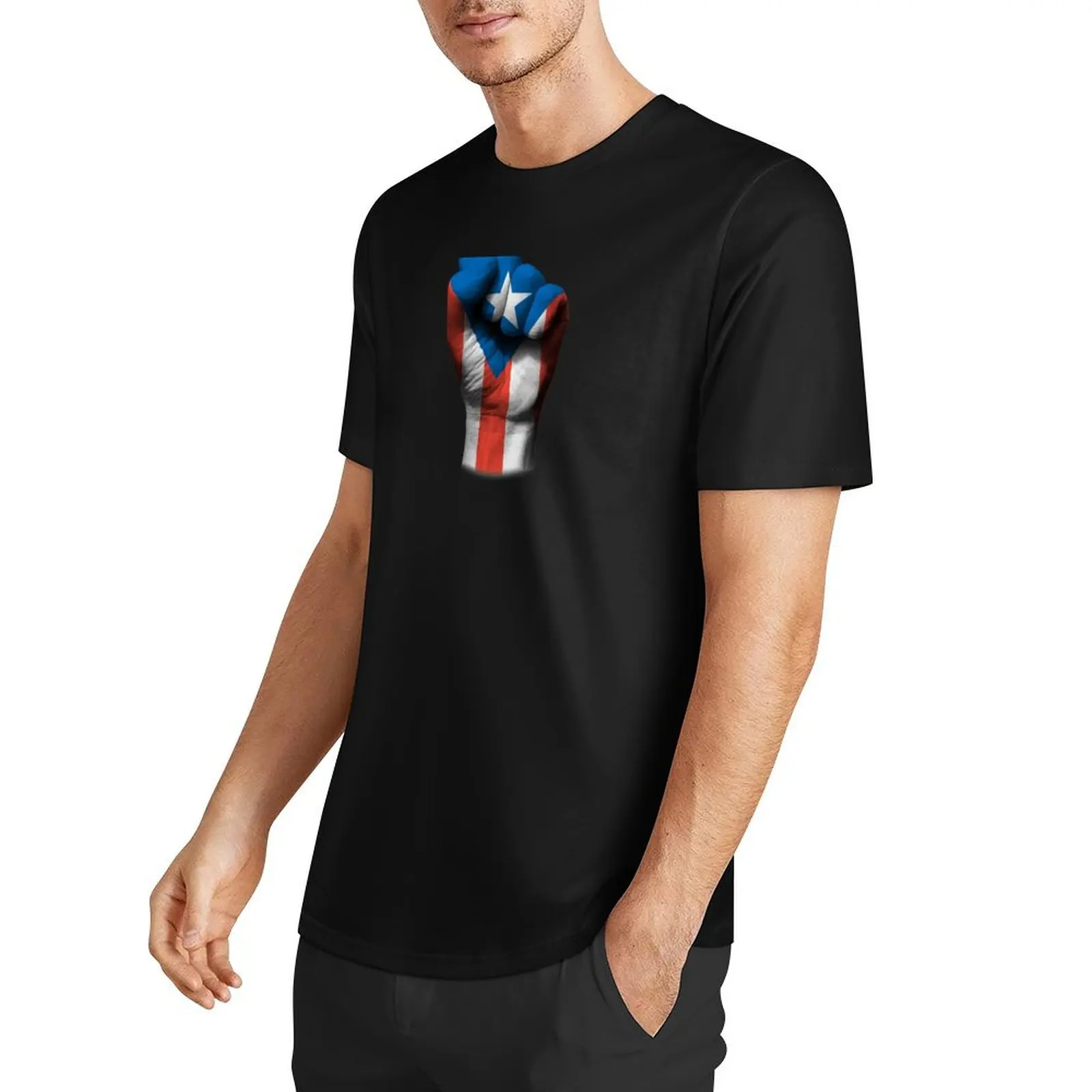 Flag of Puerto Rico on a Raised Clenched Fist T-Shirt blue archive plus size tops plain black t shirts men