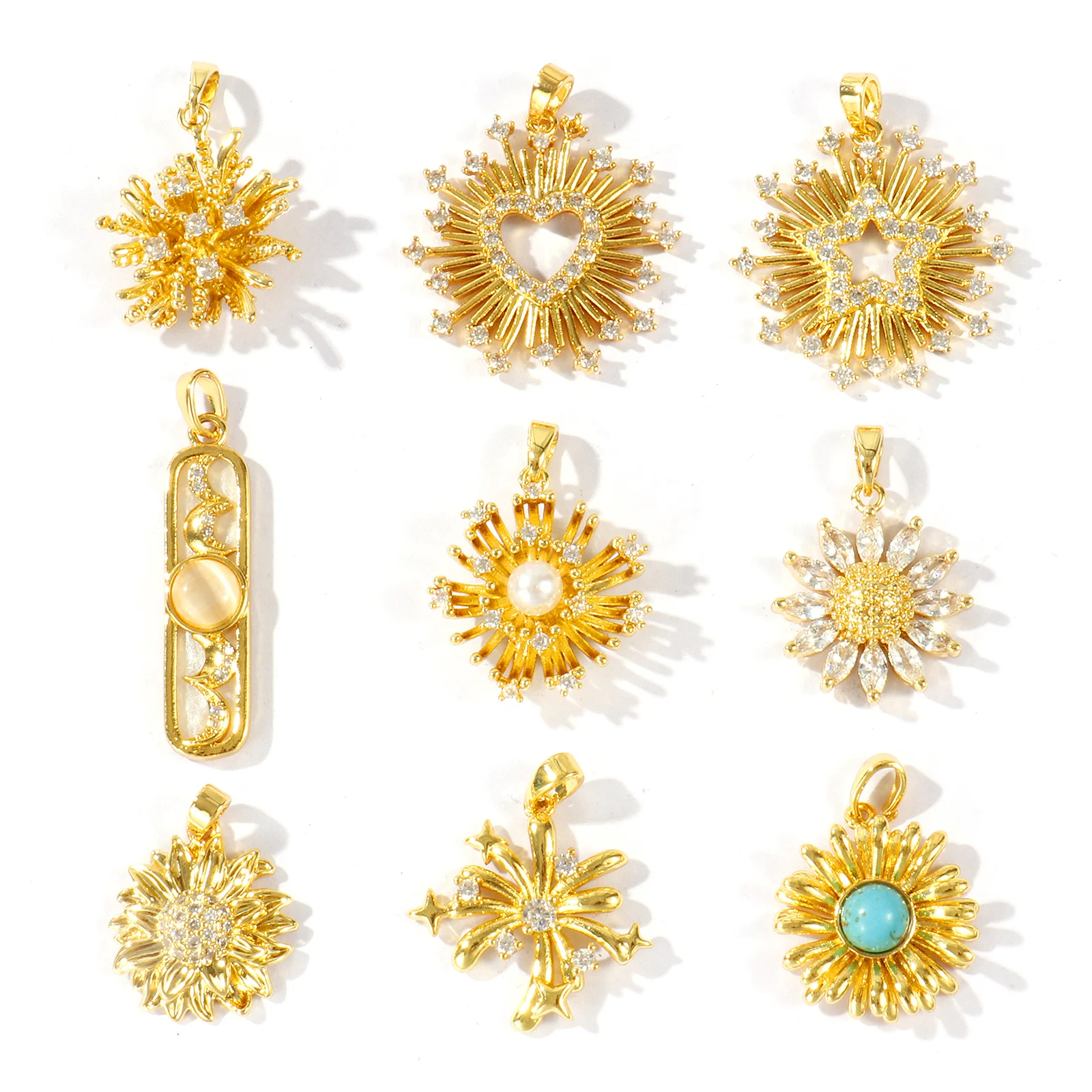 2 PCs Brass Charm 18K Gold Plated Clear Cubic Zirconia Daisy Heart Flower Pendant For DIY Necklace Jewelry Making Findings