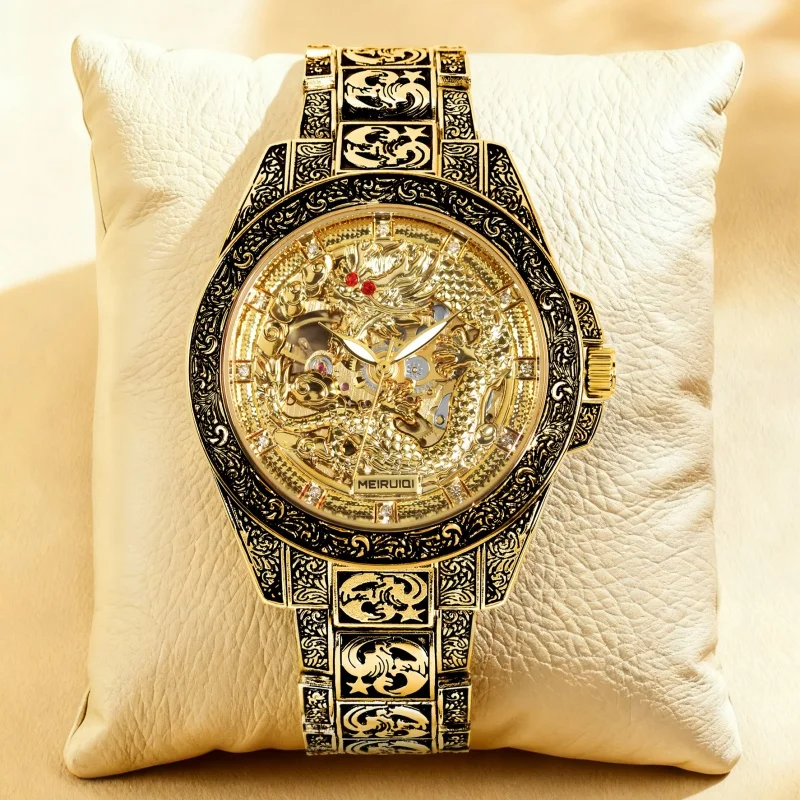 A men's yellow retro style high-end carved yellow dragon fully automatic mechanical watch