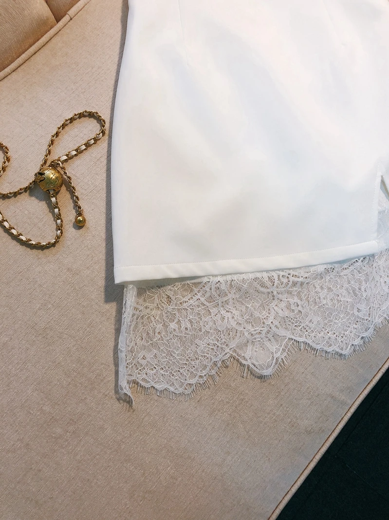 

Юбка-трапеция с высокой талией, кружевная лоскутная юбка с разрезом, универсальная или корейская юбка для поездок на работу, чистый цвет, летняя мода