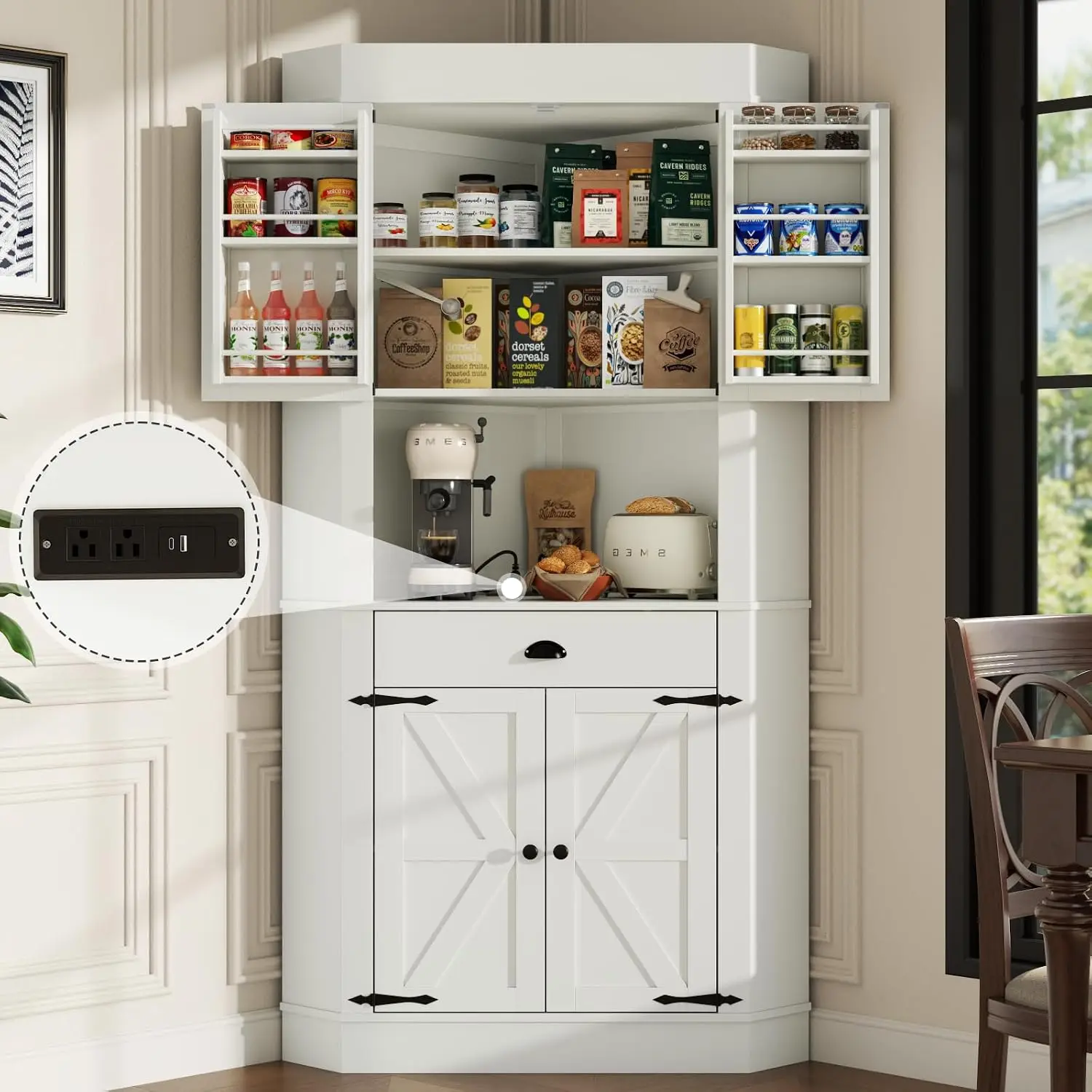 74" Corner Cabinet with Charging Station,Kitchen Pantry Cabinet with Drawer, Freestanding Kitchen Storage Cabinets