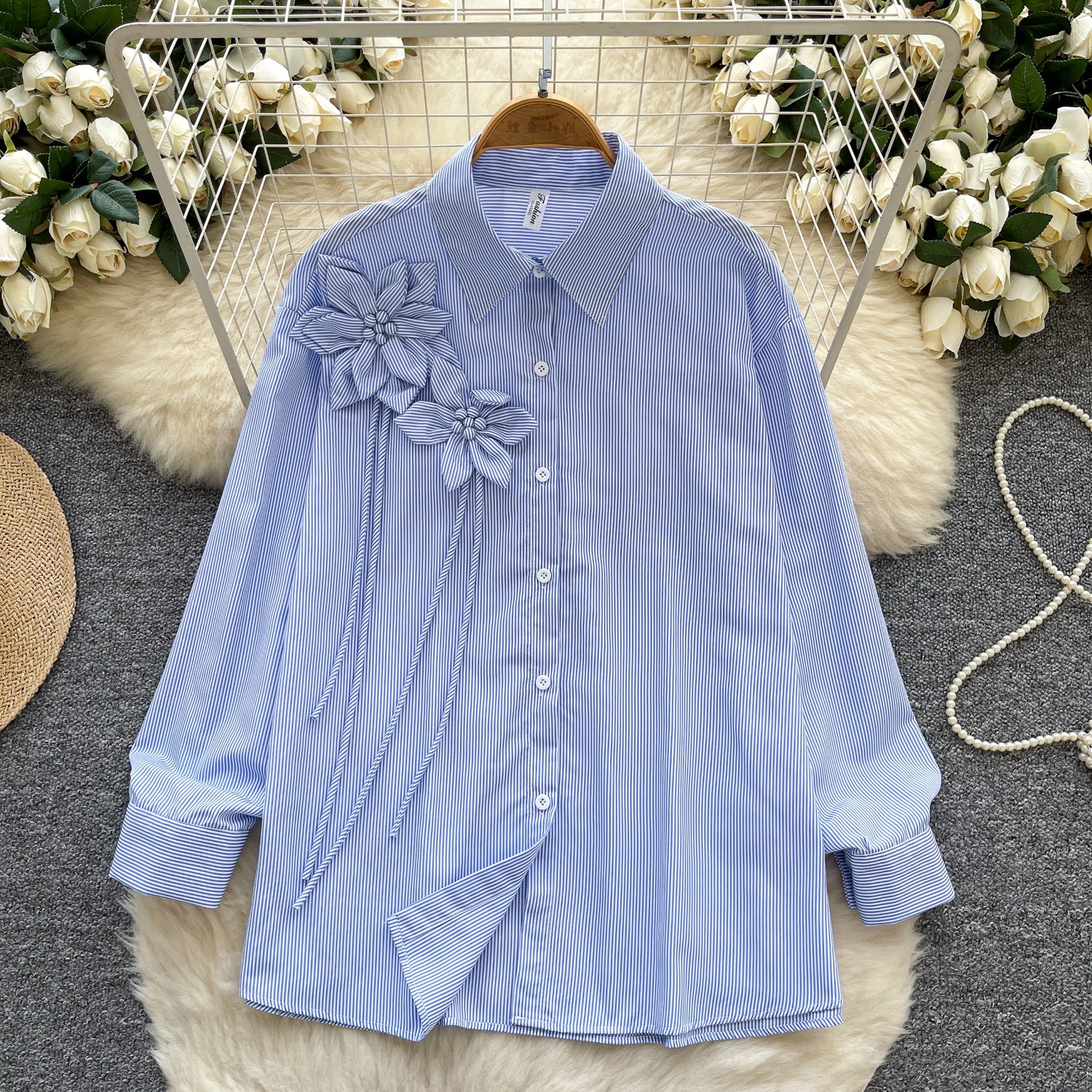 

SuperAen Sweet Casual Long-sleeved Shirt for Women 2025 Summer New Three-dimensional Flower Single-breasted Loose Striped Tops