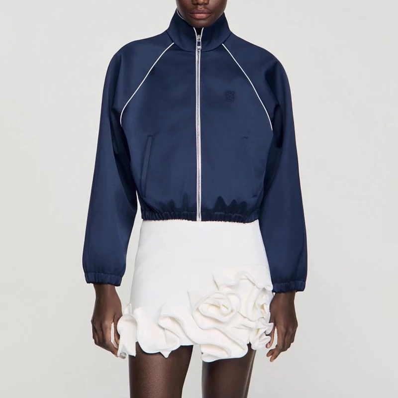 

Элегантная женская куртка для ранней весны, укороченная верхняя одежда с завышенной талией, воротником-стойкой, из шелкового атласа, с карманами, в французском стиле