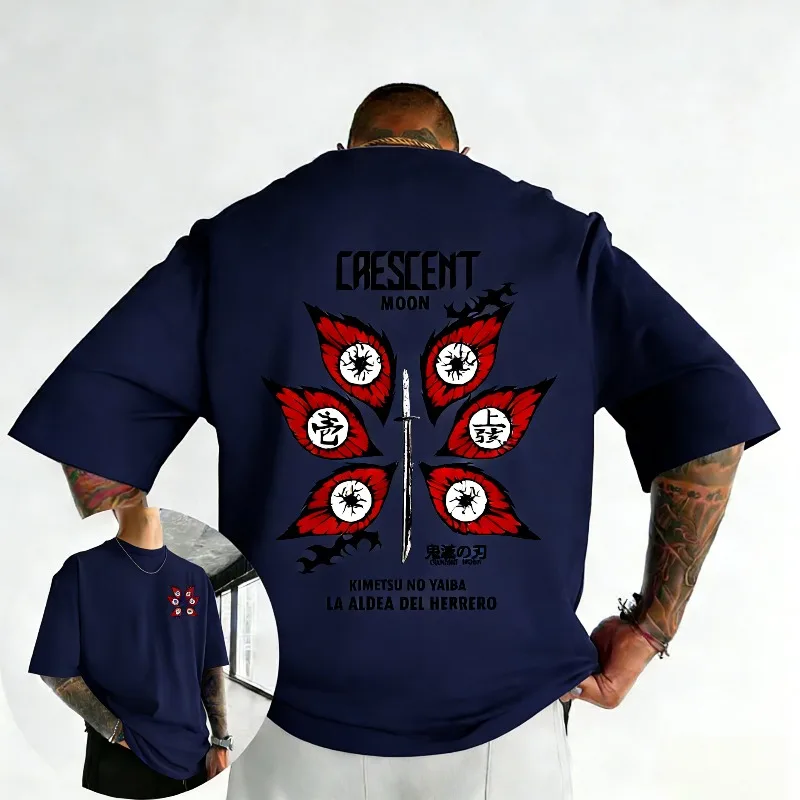 Demon Slayer Anime Kokushibo Printed Heavy Cotton T-shirt Men's Summer New Hip Hop Loose Casual Y2K Comfortable Parent Child Top