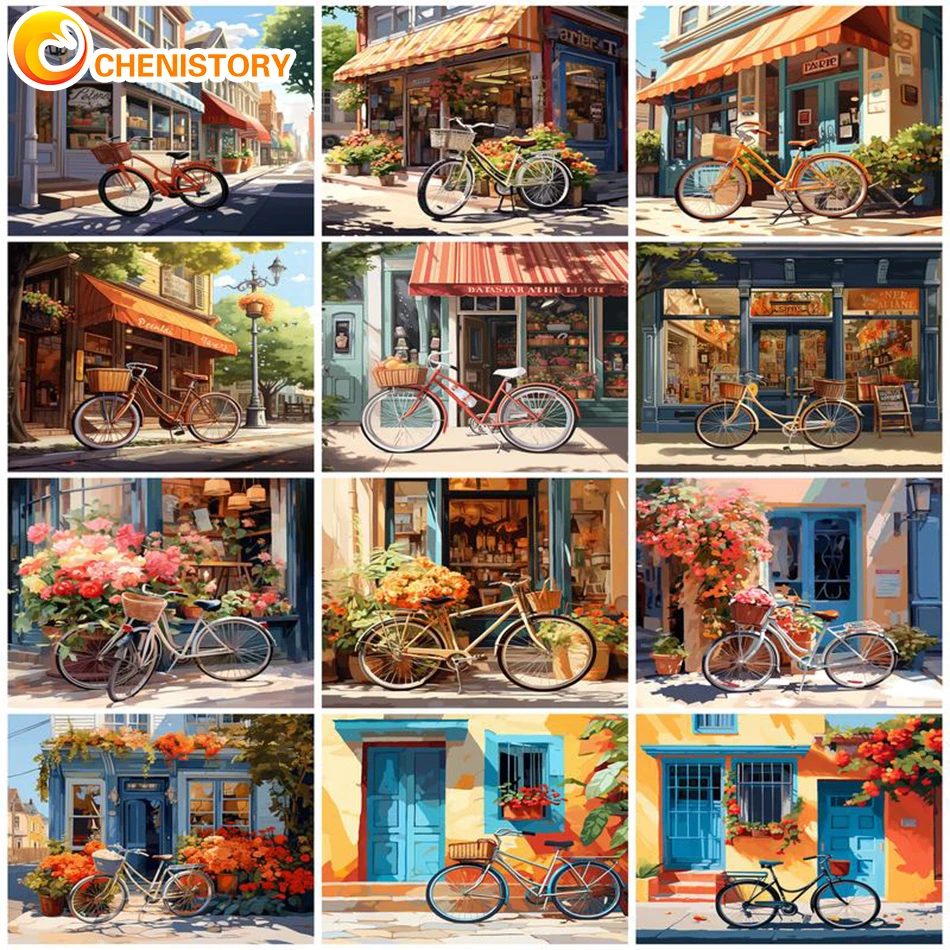 

CHENISTORY 60x75cm Diy Frame Painting By Numbers Bicycle Scenery Oil Paint Kits Handmade DIY Gift Home Living Room Decor Artwork