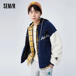 Semir Jacket Men Winter Imitation Lamb Wool Warm Loose Baseball Uniform Fashion Embroidered Contrasted Color Daily Casual Jacket