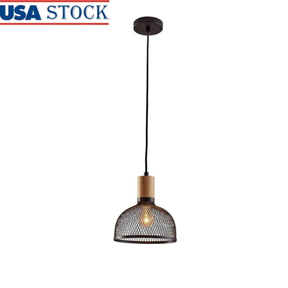 

Industrial Style Small Pendant Light Adjustable Height Black Metal Mesh Shade Natural Rubber Wood Accent Indoor Lighting Fixture