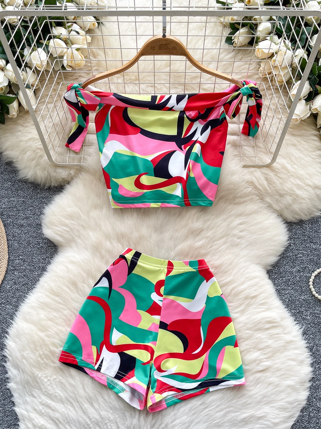 Hot Girl Pure Desire Summer One oulder Strap Waist Cinched ort Print Top High Waist Tight Slimming orts Women's Set