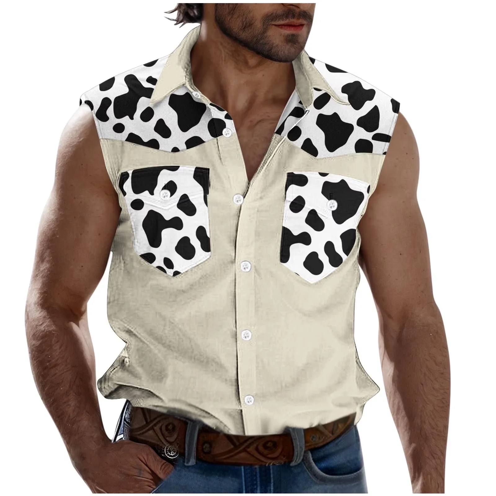 Men's Western Camo Sleeveless Button-Down Shirt, Outdoor Hunting Print Patchwork Casual Tank Top with Pockets