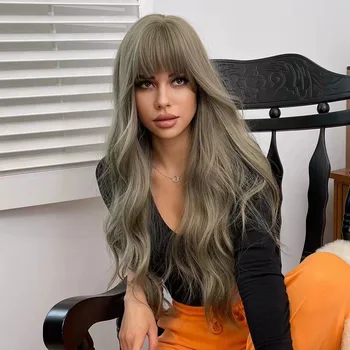 วิกผมลอนยาวสีเทาผ้าลินินไม้สีเขียวสวยงาม - เปลี่ยนผมสังเคราะห์สําหรับผู้หญิง