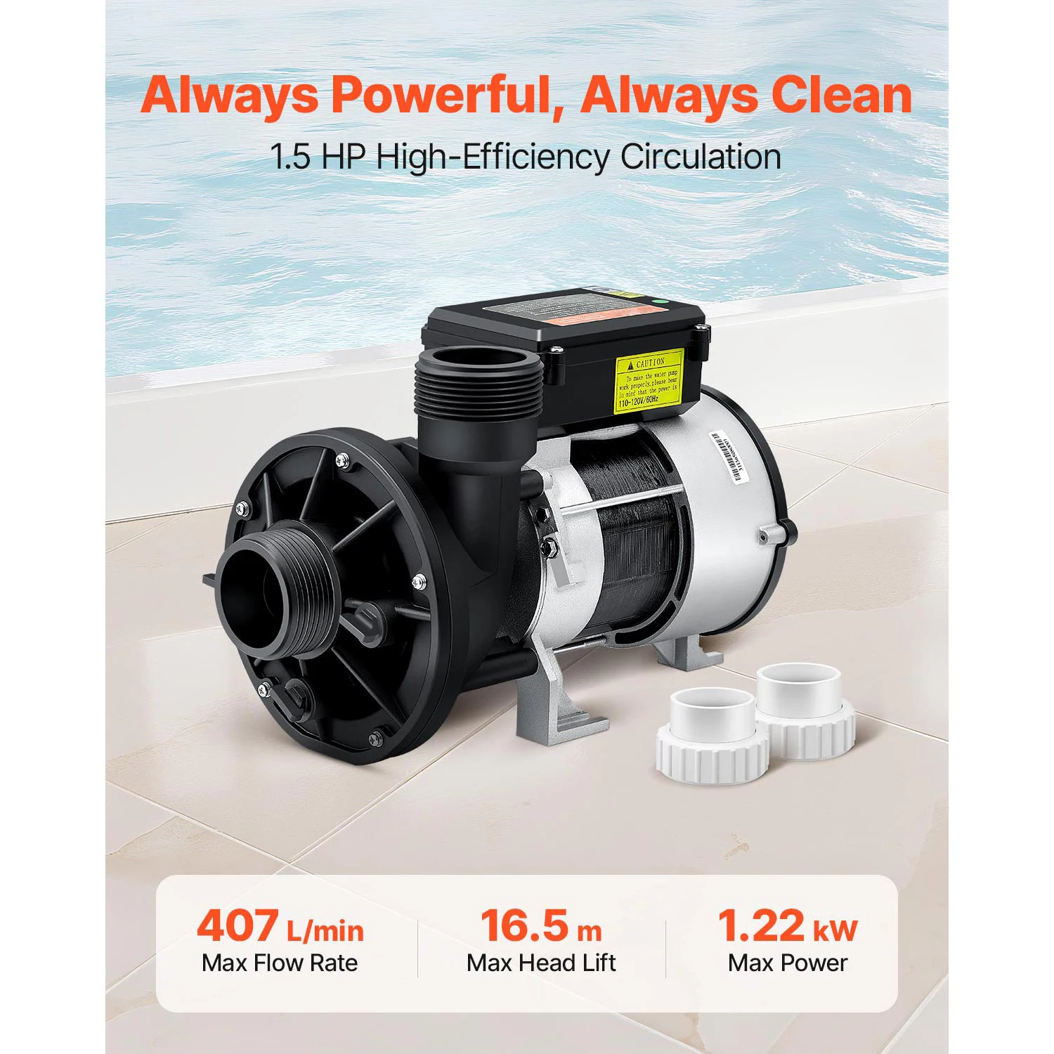 SPA Pump, 1.5 HP, 110V Hot Tub Bathtub Circulation Pump with 1.5-Inch Port, 107.5 GPM Max Flow Rate, 54.13 ft/16.5 m Max Head Lift, 110-120V 60Hz, Designed for Gecko # 34-402-5002, Watkins # 1431501-03