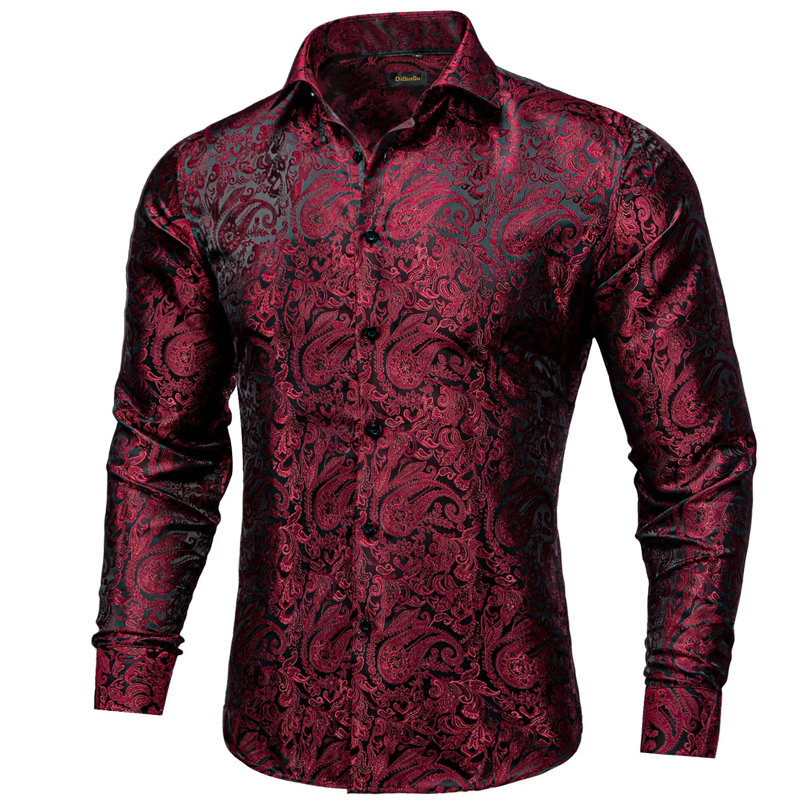 

Classic Paisley Men Shirt Spring Autumn Long Sleeves Red Turn-down Collar Shirts with Pin Wedding Blouse for Man Party Wedding