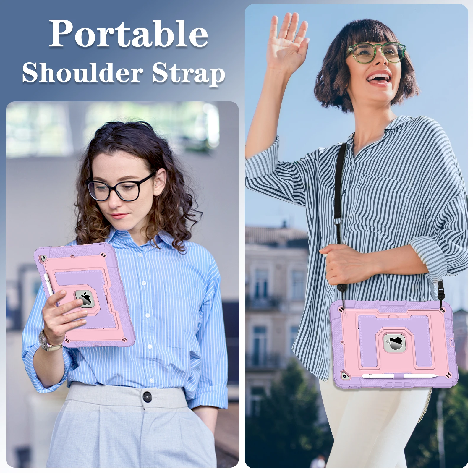 Larger Stand Case Universal For iPad 10.2 2019 2020 2021 7th 8th 9th Gen. Hybrid Cover 3-Layers Protection With Shoulder Strap