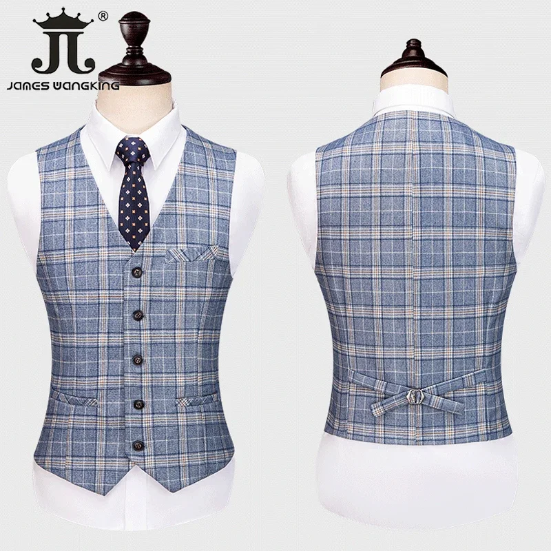 ( Blazer + Vest+Pants ) High-end Brand Fashion Plaid Men\'s Formal Business Suit 3Pce Groom Wedding Dress Tuxedo Casual Slim Suit