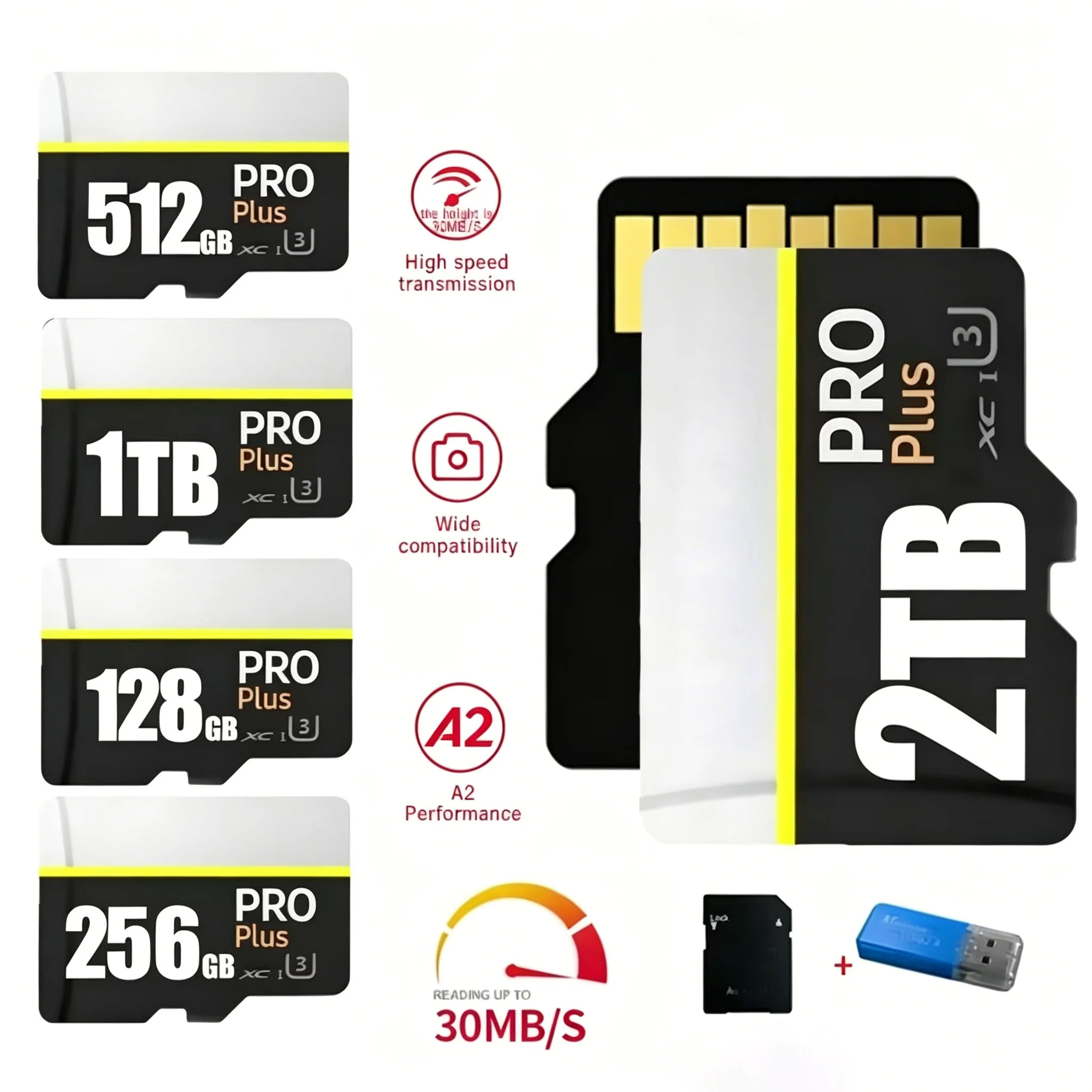 New 2TB High-Speed V30 A2 4K SD Card 512GB 256GB Memory Card 1TB Micro TF SD Adapter for Smart phone/Tablet/PC Cross-Use