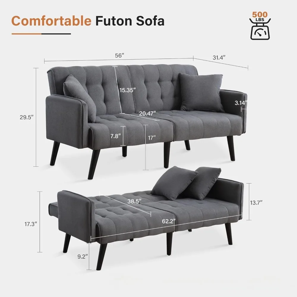 Canapé-lit Futon avec dossier réglable et accoudoirs, canapé causeuse, canapé-lit, confortable, moderne du milieu du siècle, 56 po