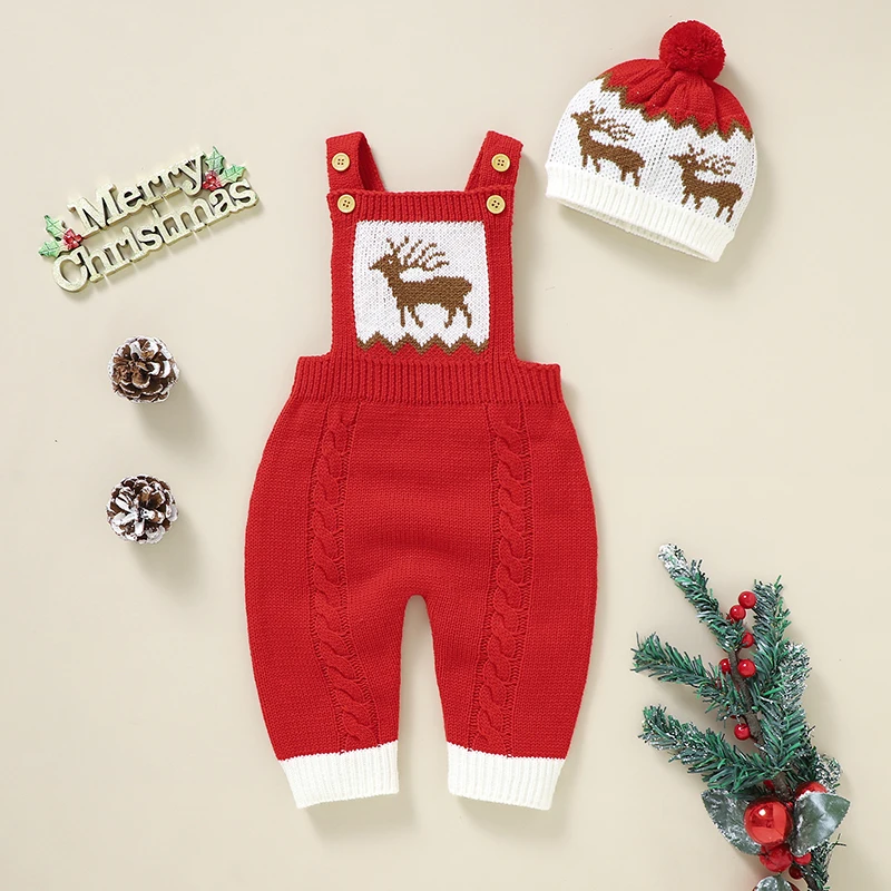 Baby Christmas Rompers Hats Clothes Red Reindeer Knitted Winter Newborn Boys Girls Jumpsuits Outfits 2pcs Infant Unisex Overalls