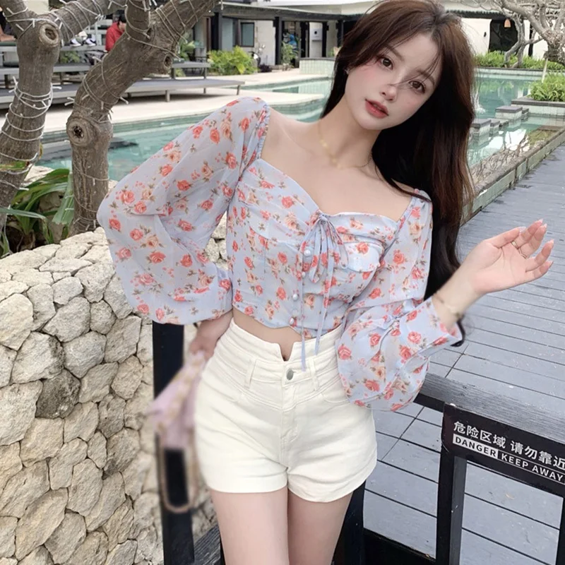 Korea Style Floral Off Shoulder Sweet Chiffon Blouse Slim Sexy Puff Long-Sleeved Summer Crop Top