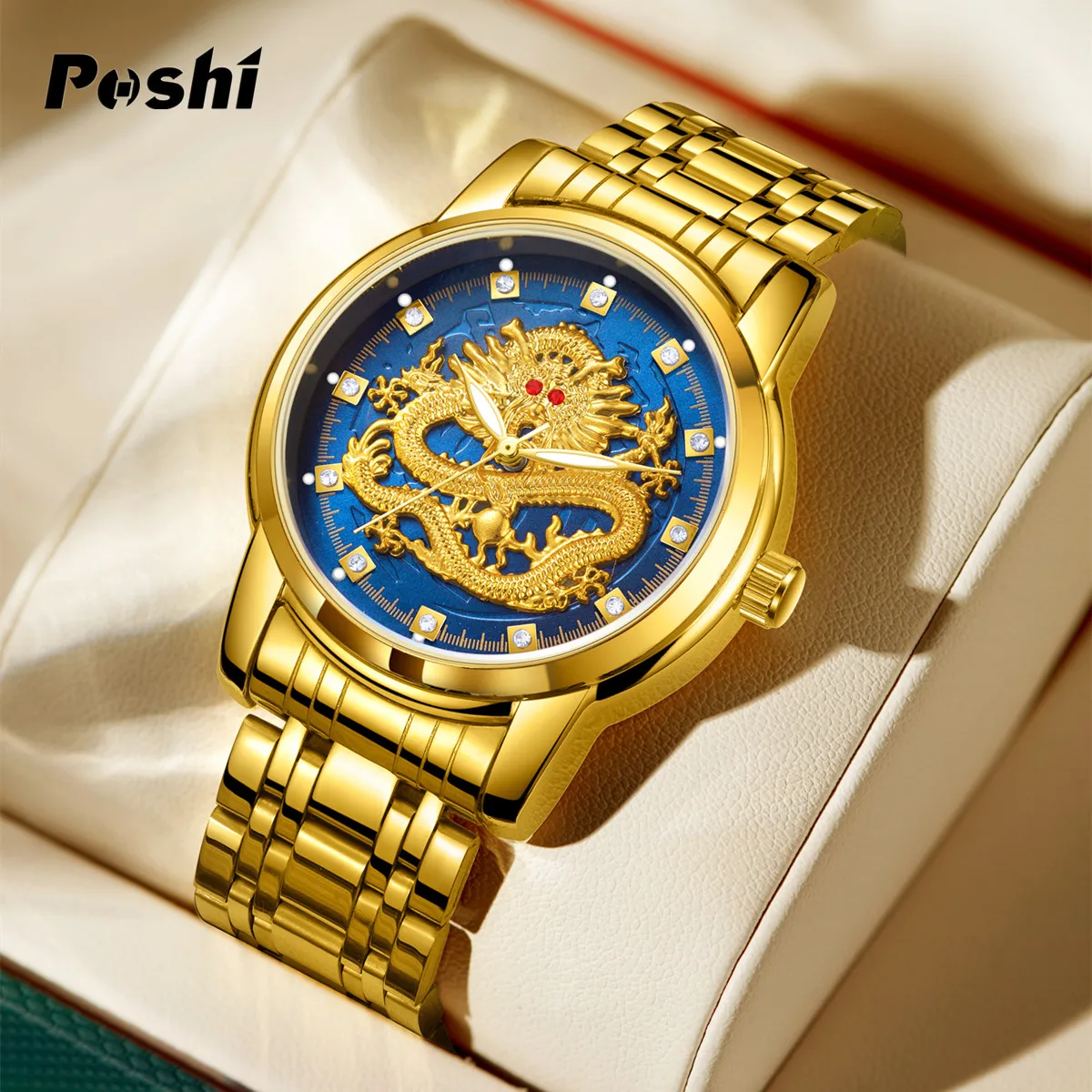 

POSHI Stainless Steel Fashion Quartz Watch for Man Gold Dragon Quartz Watches Luxury Men's Wristwatch Waterproof with Box Gift