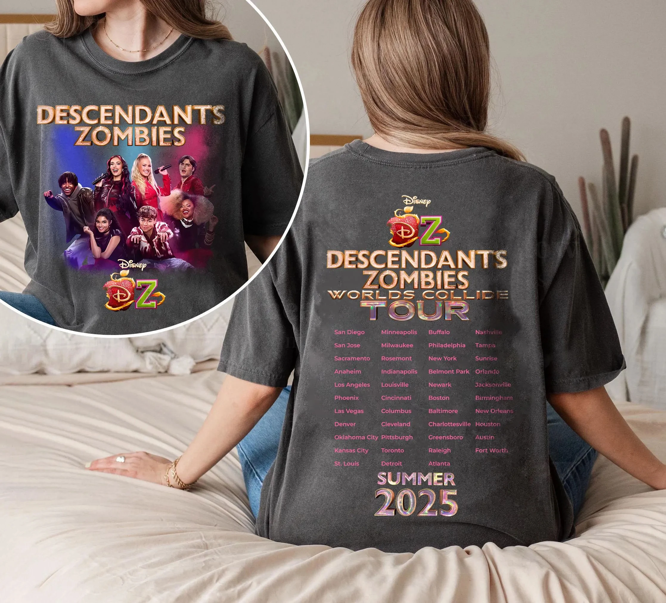 الوجهين أحفاد الزومبي جولة حول العالم تي شيرت ديزني مجموعة الحفل الصيف مهرجان الموسيقى 2025 مطابقة تي شيرت