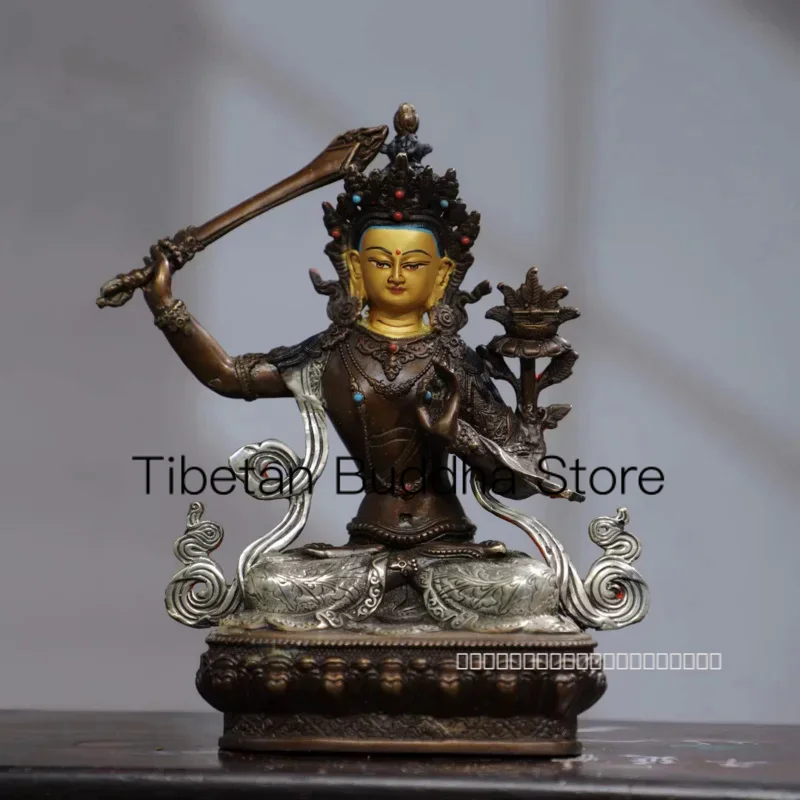 

22cm Tibetan brass gilded gold and silver painted pure copper cinnabar sword wielding Manjusri Bodhisattva statue ornament