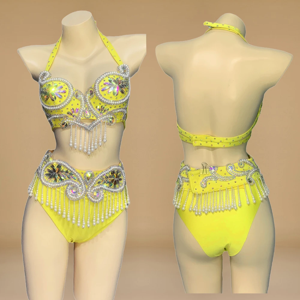 

Sparkly Rhinestone Beaded Bra Belt Panty Belly Dance Costume Set Belly Dancer Outfits Nightclub DJ Dancer Costume Stage Wear
