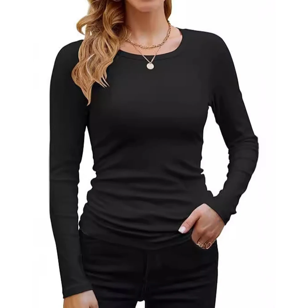 

Casual Women New Round Neck Solid Color Long-sleeved Top Pullover T-shirt Top