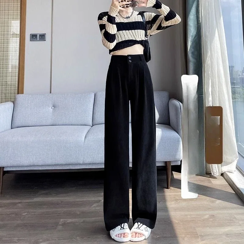 Corduroy Plus Velvet Thicker Casual Pants Women Fall Winter Keep Warm Soft Solid Color Female High Waist Wide Leg Trousers Chic
