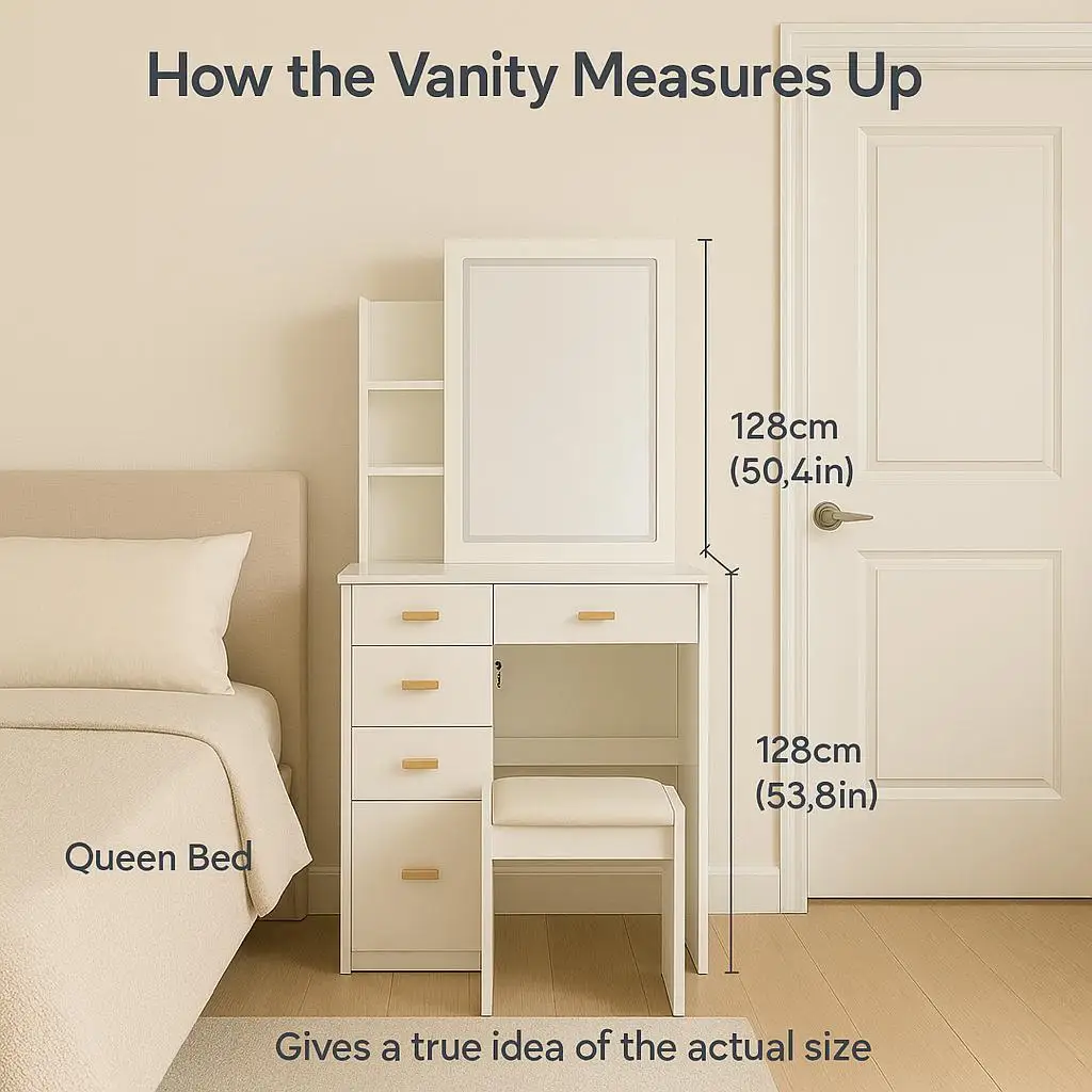 طقم طاولة زينة كبيرة مع مرآة LED، 5 أدراج وأرفف، مكتب خزانة ومقعد مبطن، سهل التركيب، تخزين مخفي،