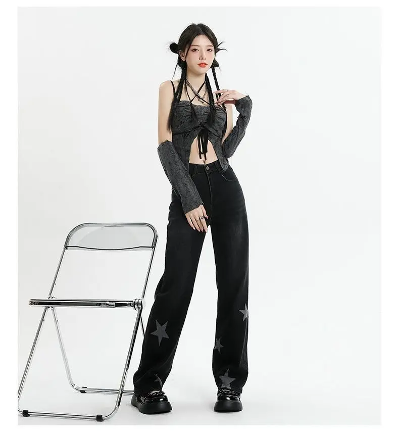 Black Straight Jeans Women Autumn New Plus size Chubby Girl Loose High Waist Slimming Mop Wide Leg Y2k 90s Pants Vintage Clothes