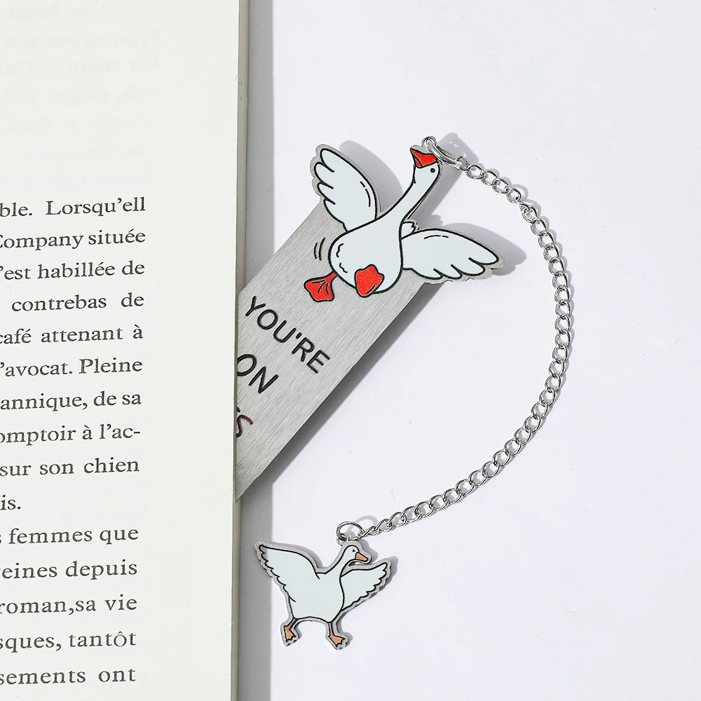 Silly Goose Metal Bookmarks Silver Lavender Page Markers with Duck Charm Chain, Red Accent Letters & Floral Decor for Book Lover