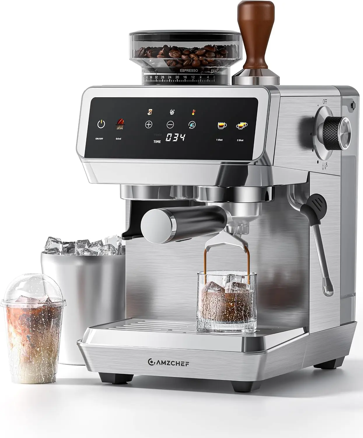 Espresso Machine With Grinder, 190℉-201℉ Temp Control Coffee machine with 44 Grind Setting, Milk Frother, Touch Screen, Cold Bre