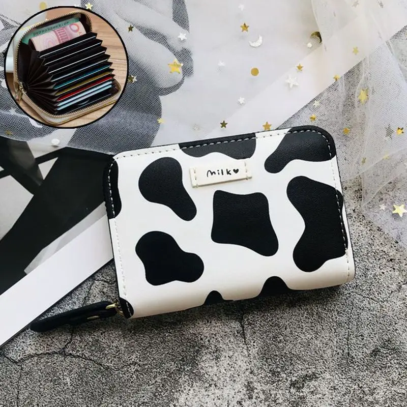 Women\'s Wallet Cute Cow Print Girls Coin Purse PU Leather Business Card Holder Tri-fold Short Fold Pouch Female Money Bag Clutch